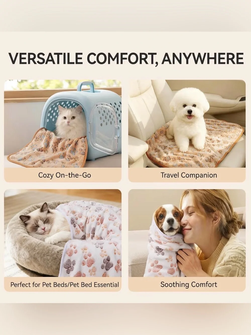 Set of 3 Plush Paw-Print Fleece Throw Blanket - White, Beige, Pink